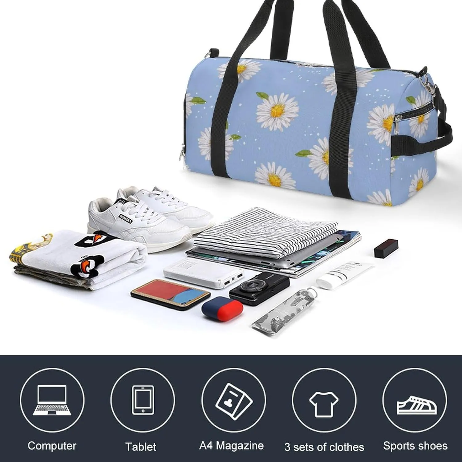 Sport Gym Duffel with Shoe Compartment Wet Pocket, Watercolor-daisies-flower-print Shoulder Travel Bag for Women Men, style