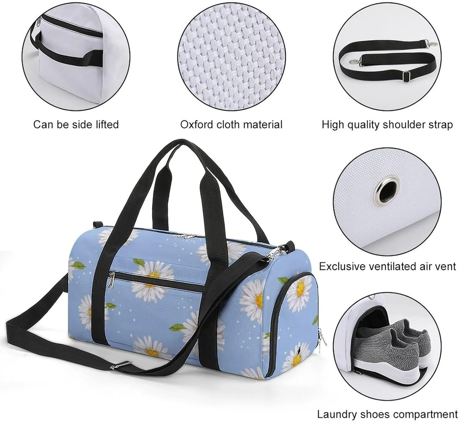 Sport Gym Duffel with Shoe Compartment Wet Pocket, Watercolor-daisies-flower-print Shoulder Travel Bag for Women Men, style