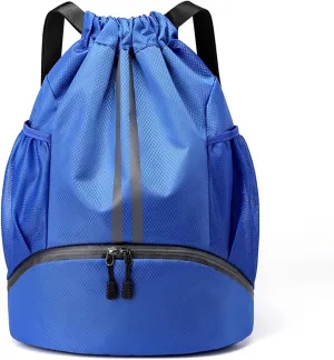 Sports Drawstring Backpack, Gym Bag with Water Bottle Holder Pockets, Shoe Compartment, Waterproof Pocket, Drawstring Bag for Women Men
