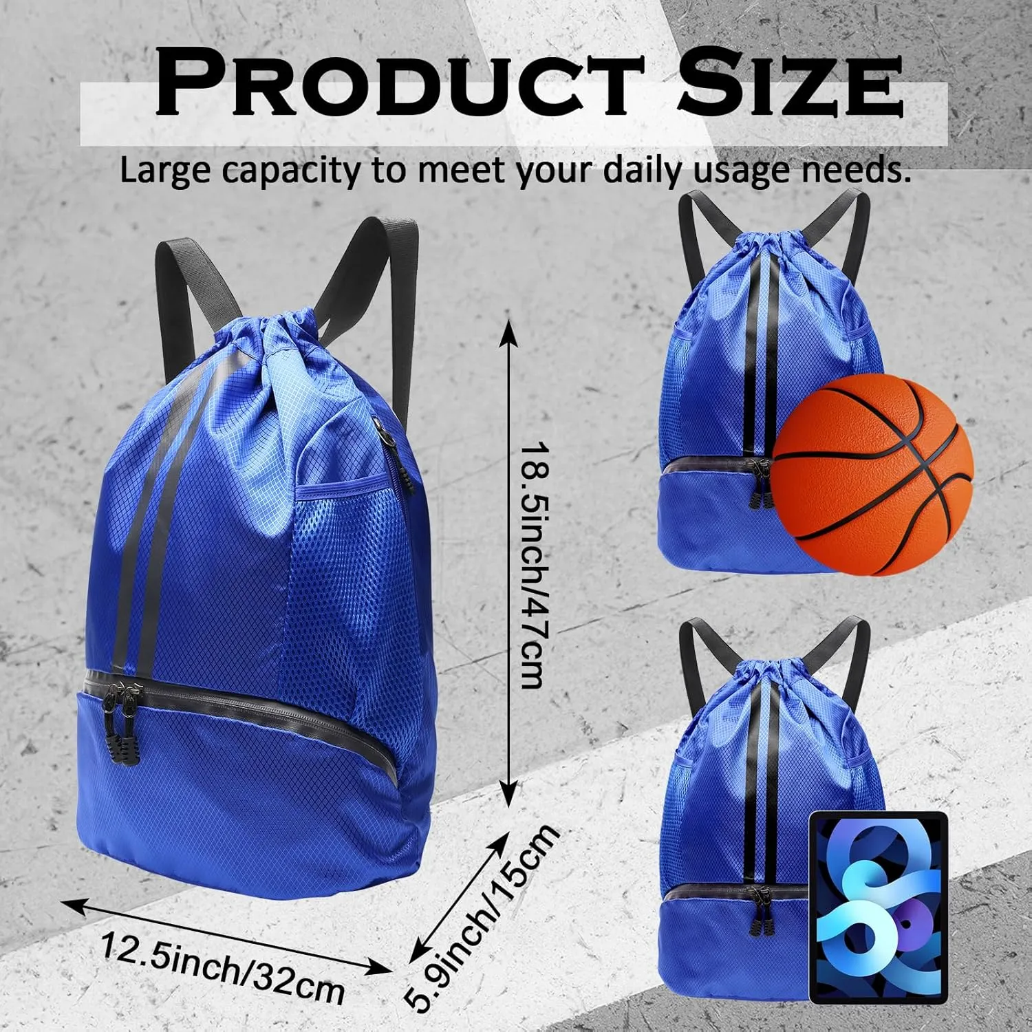 Sports Drawstring Backpack, Gym Bag with Water Bottle Holder Pockets, Shoe Compartment, Waterproof Pocket, Drawstring Bag for Women Men