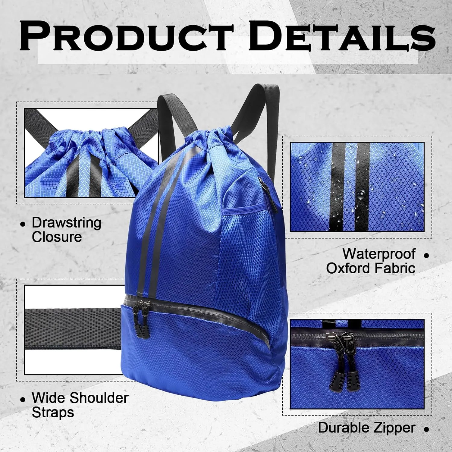 Sports Drawstring Backpack, Gym Bag with Water Bottle Holder Pockets, Shoe Compartment, Waterproof Pocket, Drawstring Bag for Women Men