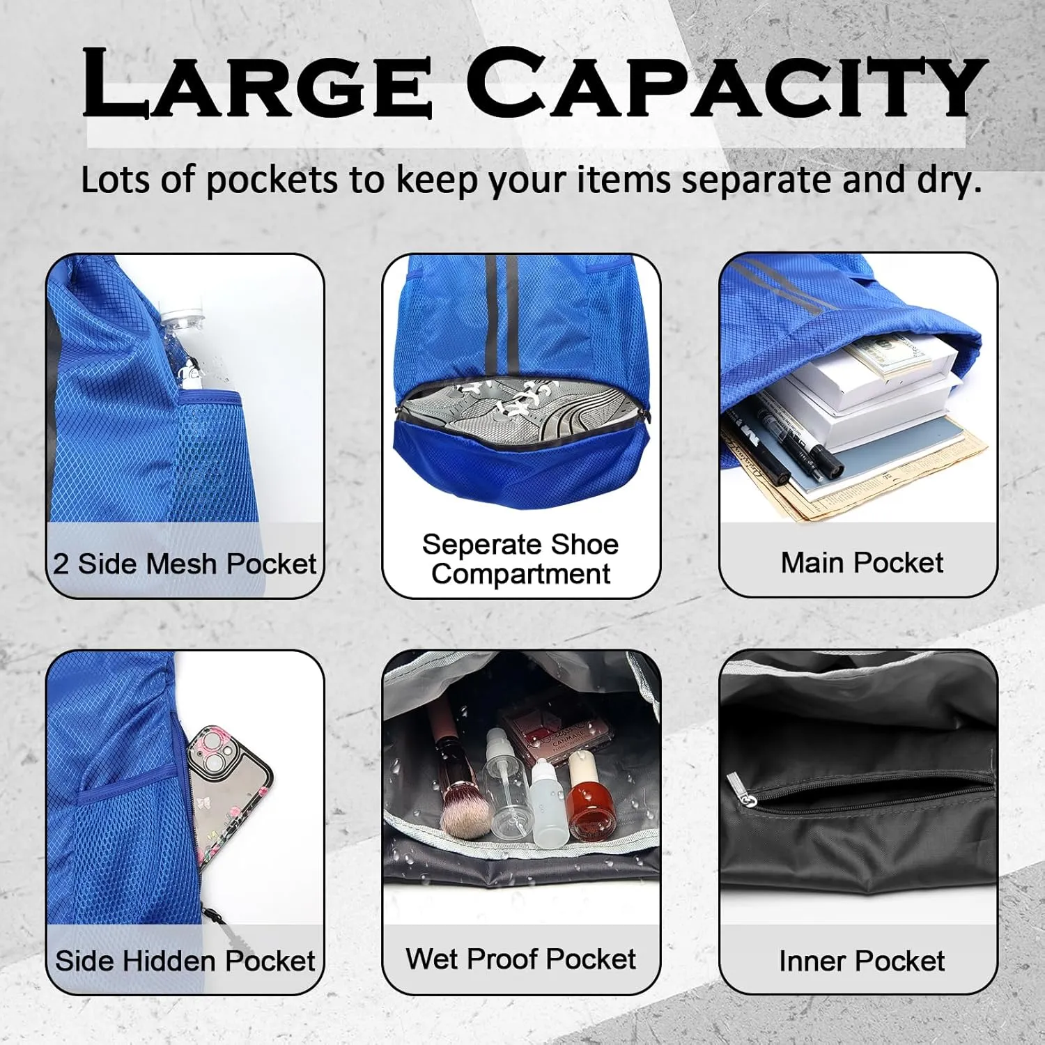 Sports Drawstring Backpack, Gym Bag with Water Bottle Holder Pockets, Shoe Compartment, Waterproof Pocket, Drawstring Bag for Women Men