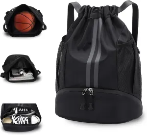 Sports Drawstring Backpack, Waterproof Swim Gym String Bag,Soccer Basketball Bag with Shoe Compartment for Men Women