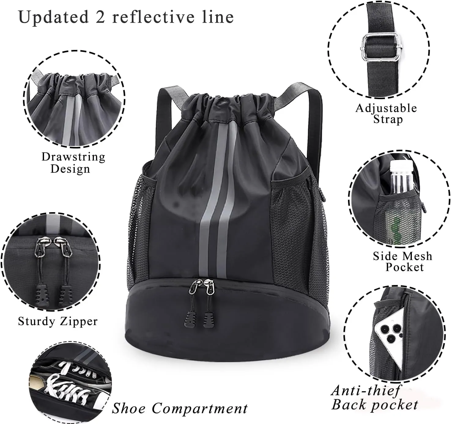 Sports Drawstring Backpack, Waterproof Swim Gym String Bag,Soccer Basketball Bag with Shoe Compartment for Men Women