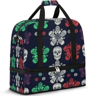 Sports Duffel Bag, Foldable Colorful Skeleton Travel Duffel Bag, Gym Yoga Beach Bag Weekender Overnight Bag with Shoes Compartment for Men Women, Gothic Skull