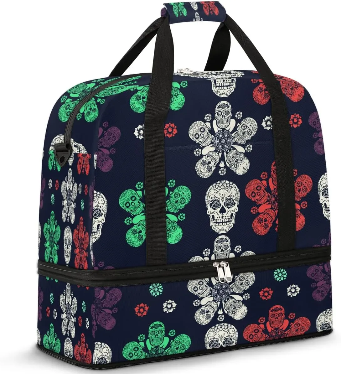 Sports Duffel Bag, Foldable Colorful Skeleton Travel Duffel Bag, Gym Yoga Beach Bag Weekender Overnight Bag with Shoes Compartment for Men Women, Gothic Skull