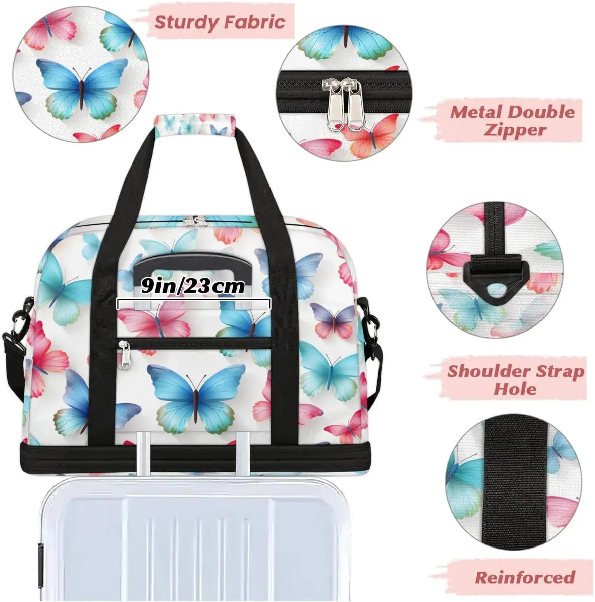 Sports Duffel Bag, Foldable Flying Butterflies Travel Duffel Bag, Gym Yoga Beach Bag Weekender Overnight Bag with Shoes Compartment for Men Women, Colorful Butterflies