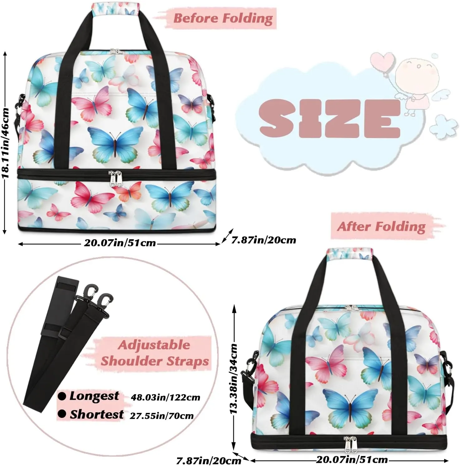 Sports Duffel Bag, Foldable Flying Butterflies Travel Duffel Bag, Gym Yoga Beach Bag Weekender Overnight Bag with Shoes Compartment for Men Women, Colorful Butterflies