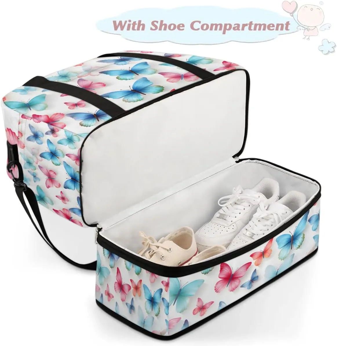 Sports Duffel Bag, Foldable Flying Butterflies Travel Duffel Bag, Gym Yoga Beach Bag Weekender Overnight Bag with Shoes Compartment for Men Women, Colorful Butterflies