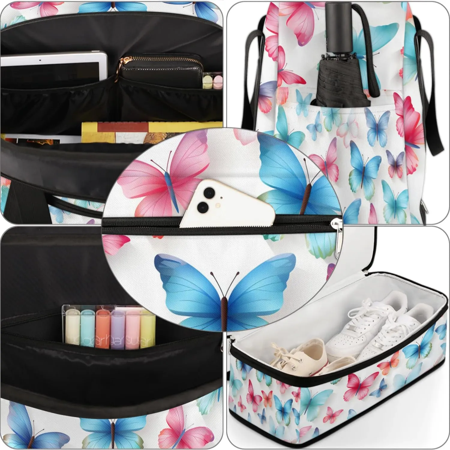 Sports Duffel Bag, Foldable Flying Butterflies Travel Duffel Bag, Gym Yoga Beach Bag Weekender Overnight Bag with Shoes Compartment for Men Women, Colorful Butterflies