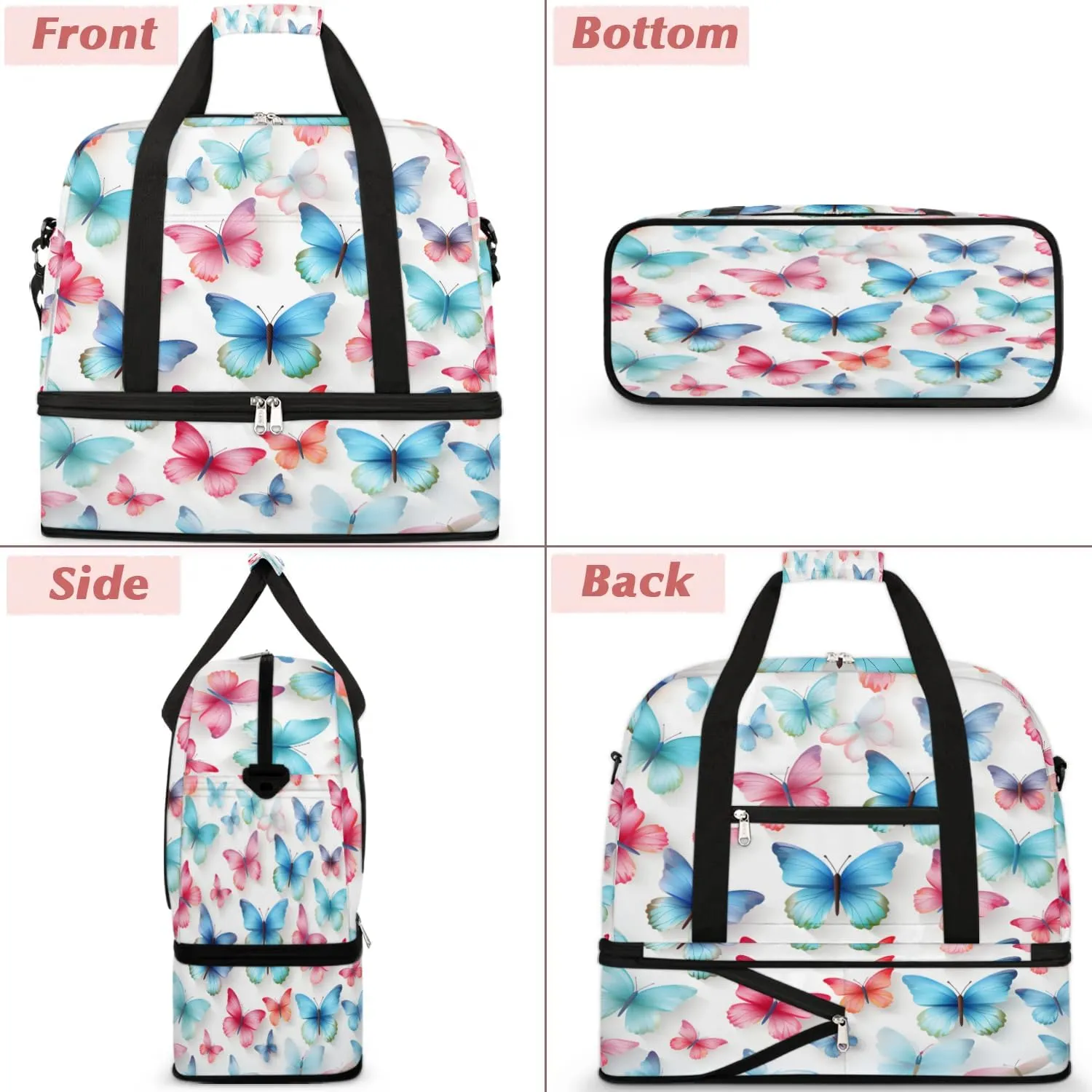 Sports Duffel Bag, Foldable Flying Butterflies Travel Duffel Bag, Gym Yoga Beach Bag Weekender Overnight Bag with Shoes Compartment for Men Women, Colorful Butterflies