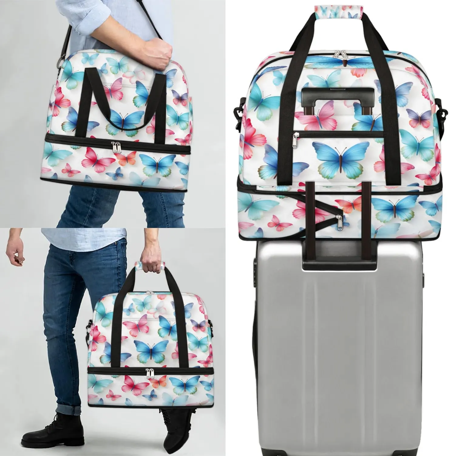 Sports Duffel Bag, Foldable Flying Butterflies Travel Duffel Bag, Gym Yoga Beach Bag Weekender Overnight Bag with Shoes Compartment for Men Women, Colorful Butterflies