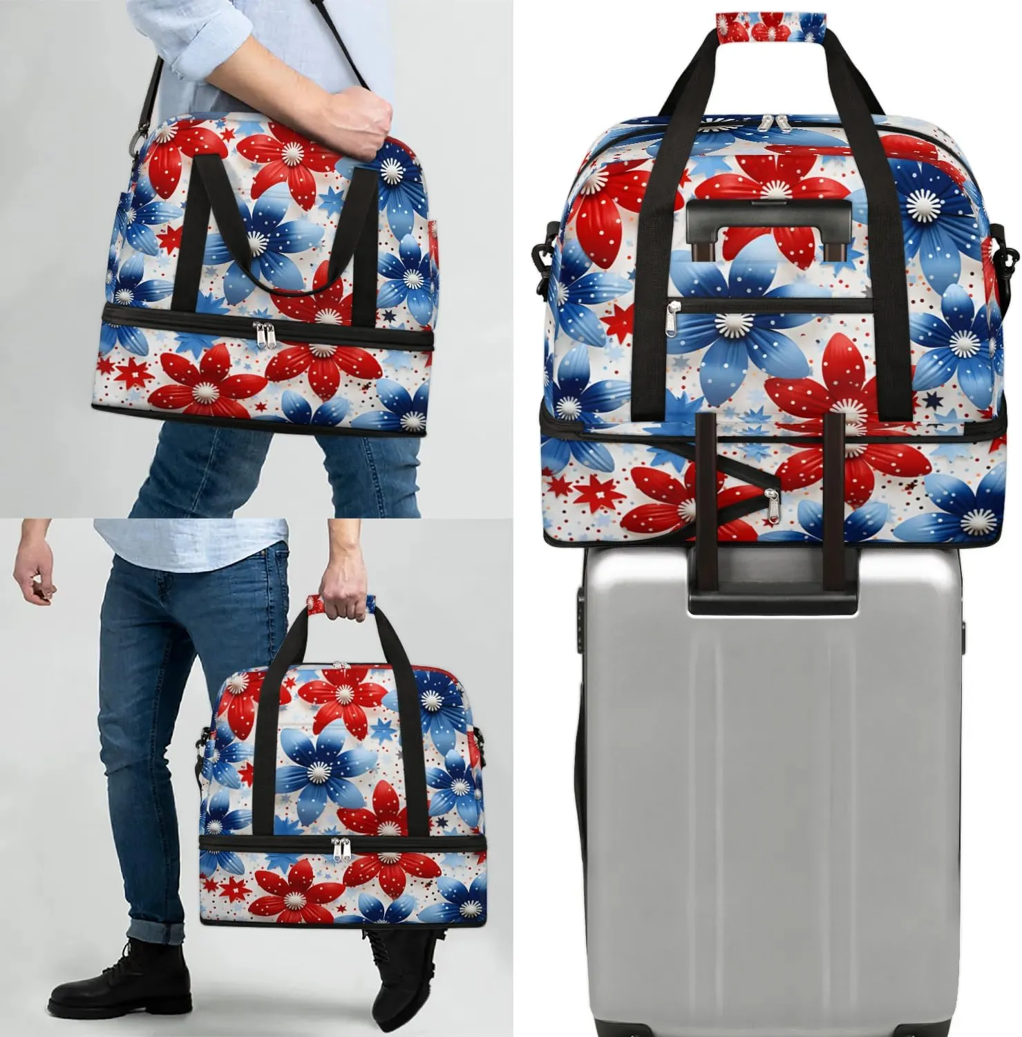 Sports Duffel Bag, Foldable Independence Day Travel Duffel Bag, Gym Yoga Beach Bag Weekender Overnight Bag with Shoes Compartment for Men Women, Flower Patriotic Memorial Day