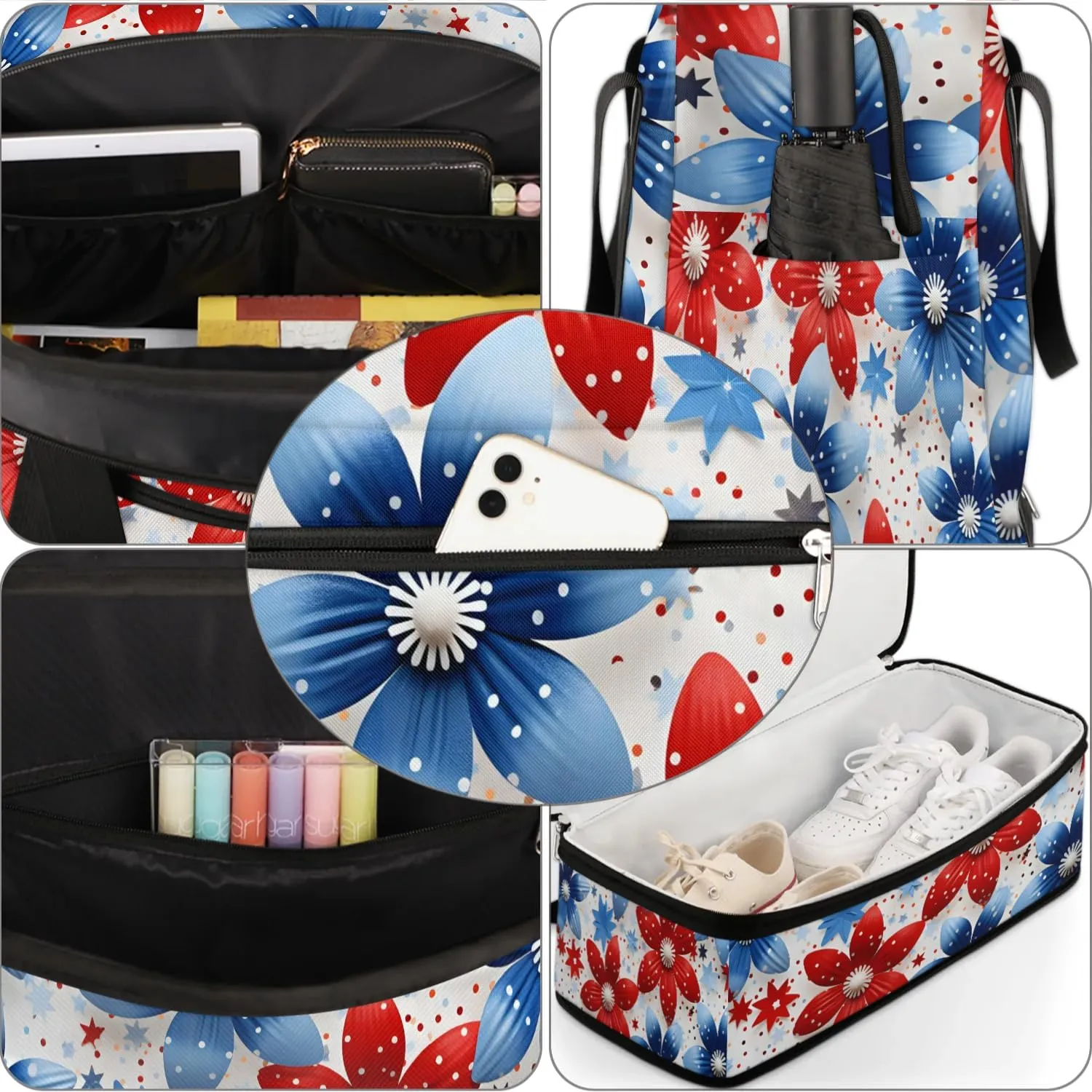 Sports Duffel Bag, Foldable Independence Day Travel Duffel Bag, Gym Yoga Beach Bag Weekender Overnight Bag with Shoes Compartment for Men Women, Flower Patriotic Memorial Day