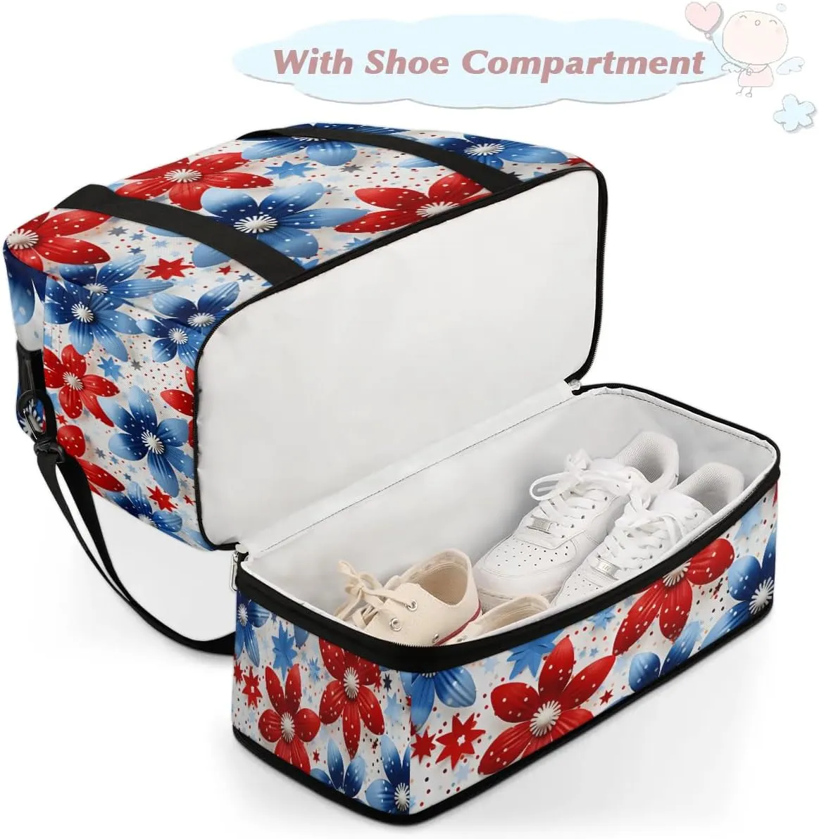Sports Duffel Bag, Foldable Independence Day Travel Duffel Bag, Gym Yoga Beach Bag Weekender Overnight Bag with Shoes Compartment for Men Women, Flower Patriotic Memorial Day