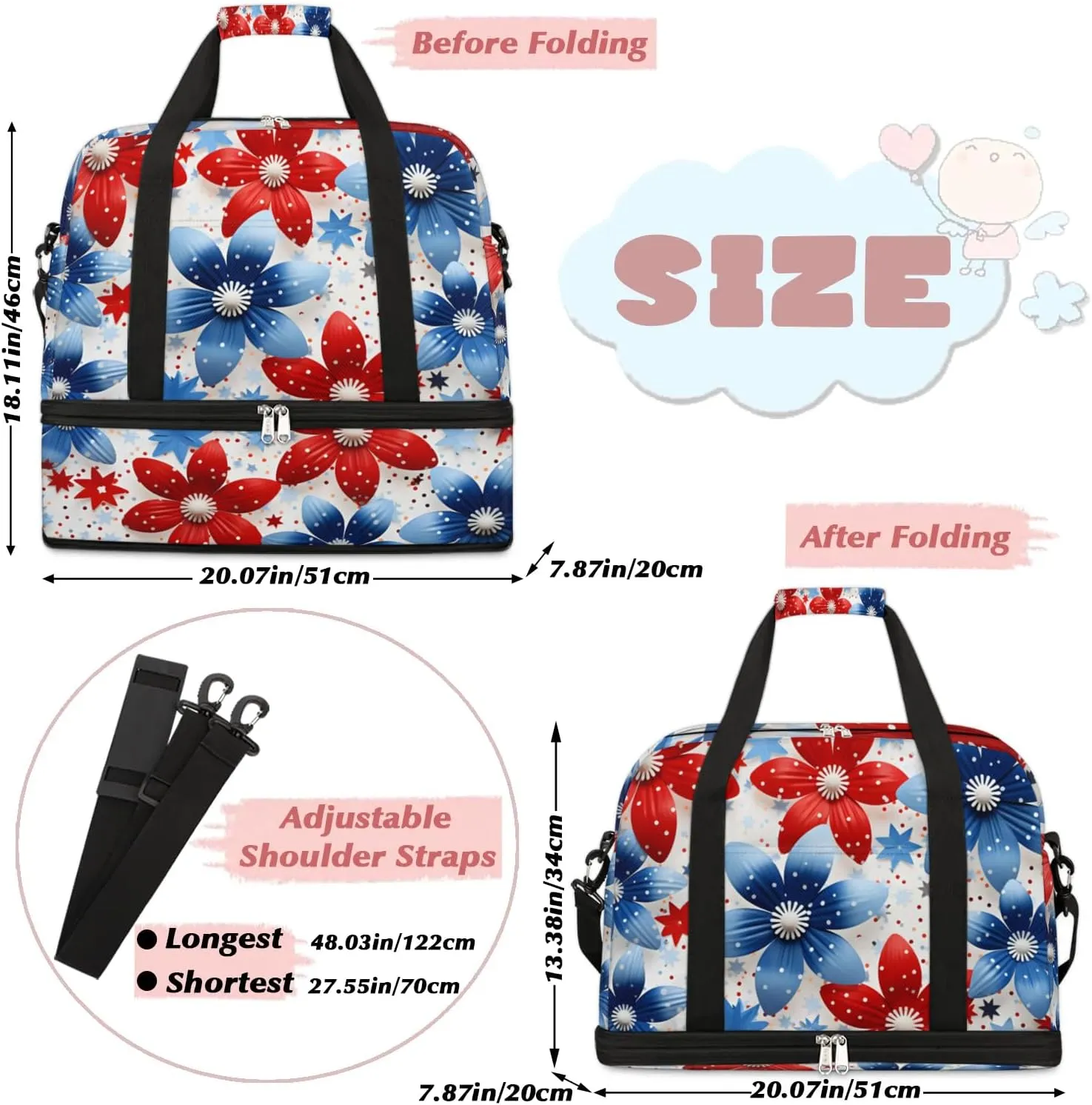 Sports Duffel Bag, Foldable Independence Day Travel Duffel Bag, Gym Yoga Beach Bag Weekender Overnight Bag with Shoes Compartment for Men Women, Flower Patriotic Memorial Day