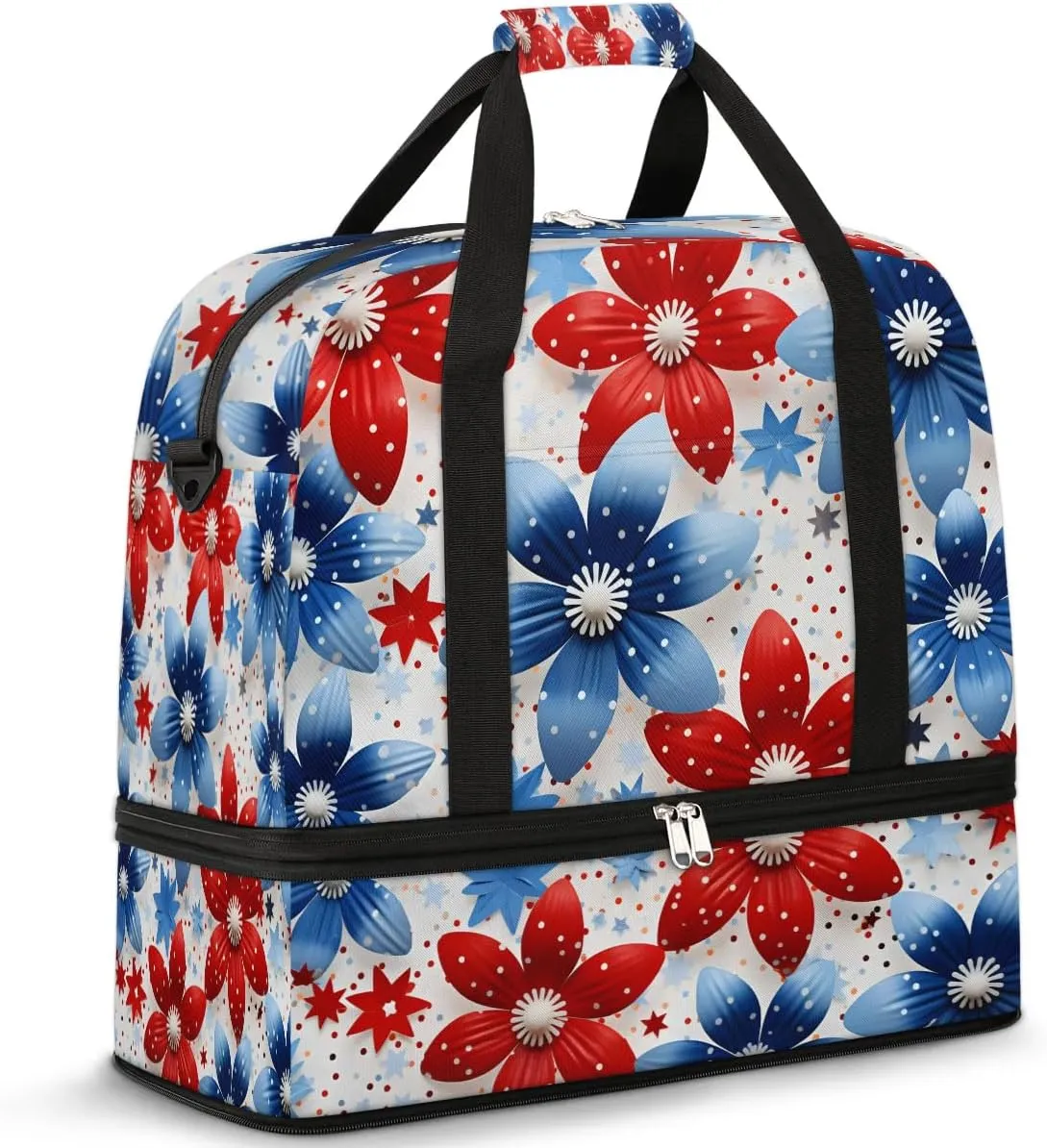 Sports Duffel Bag, Foldable Independence Day Travel Duffel Bag, Gym Yoga Beach Bag Weekender Overnight Bag with Shoes Compartment for Men Women, Flower Patriotic Memorial Day