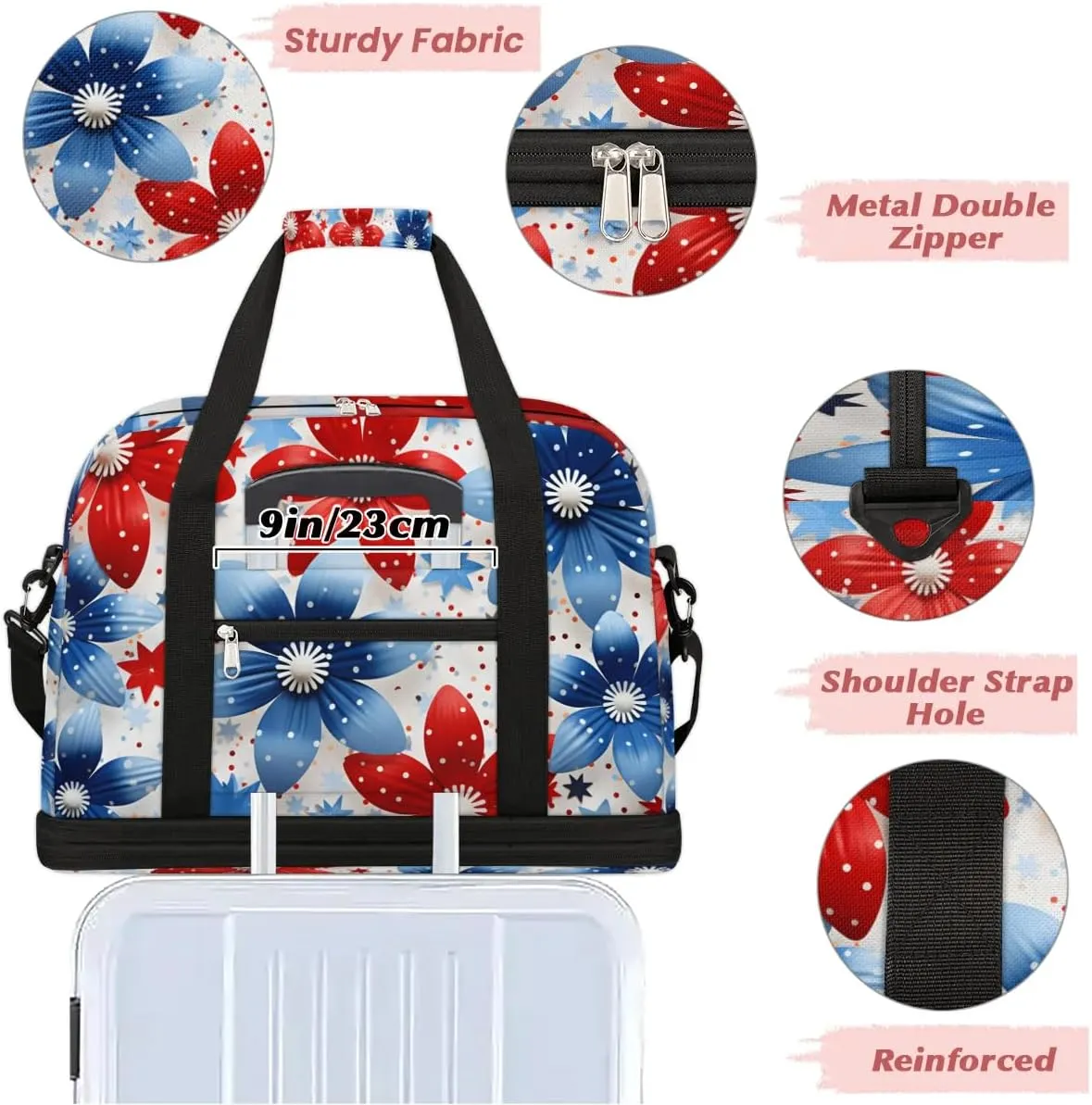 Sports Duffel Bag, Foldable Independence Day Travel Duffel Bag, Gym Yoga Beach Bag Weekender Overnight Bag with Shoes Compartment for Men Women, Flower Patriotic Memorial Day