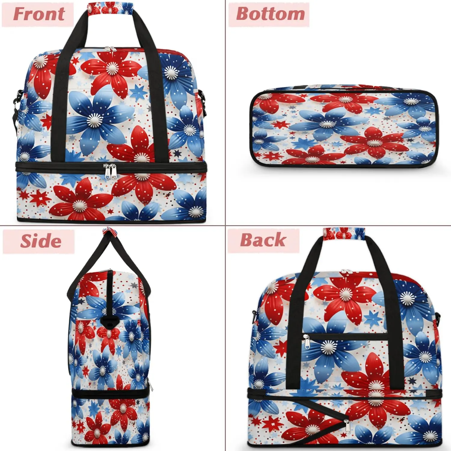 Sports Duffel Bag, Foldable Independence Day Travel Duffel Bag, Gym Yoga Beach Bag Weekender Overnight Bag with Shoes Compartment for Men Women, Flower Patriotic Memorial Day