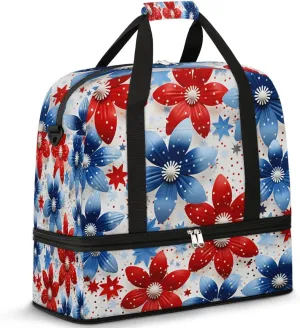Sports Duffel Bag, Foldable Independence Day Travel Duffel Bag, Gym Yoga Beach Bag Weekender Overnight Bag with Shoes Compartment for Men Women, Flower Patriotic Memorial Day