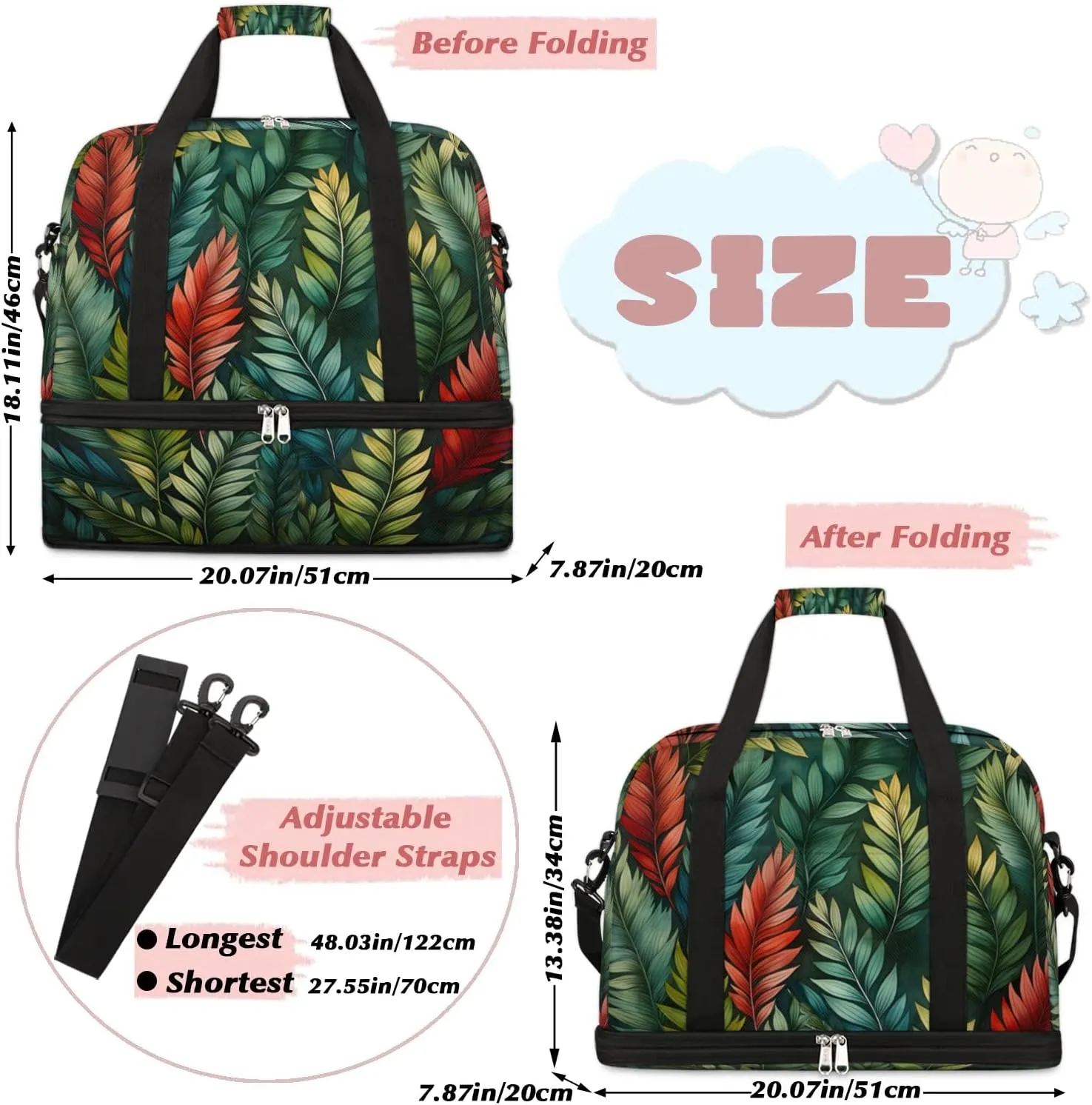 Sports Duffel Bag, Foldable Summer Green Palm Travel Duffel Bag, Gym Yoga Beach Bag Weekender Overnight Bag with Shoes Compartment for Men Women, Eucalyptus Leaves