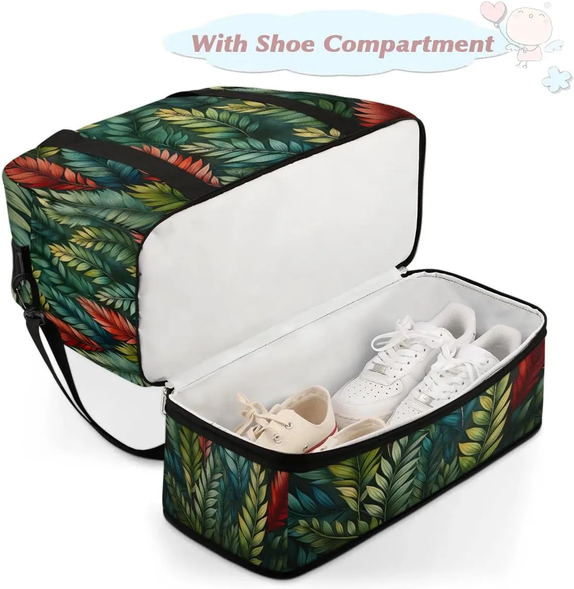 Sports Duffel Bag, Foldable Summer Green Palm Travel Duffel Bag, Gym Yoga Beach Bag Weekender Overnight Bag with Shoes Compartment for Men Women, Eucalyptus Leaves