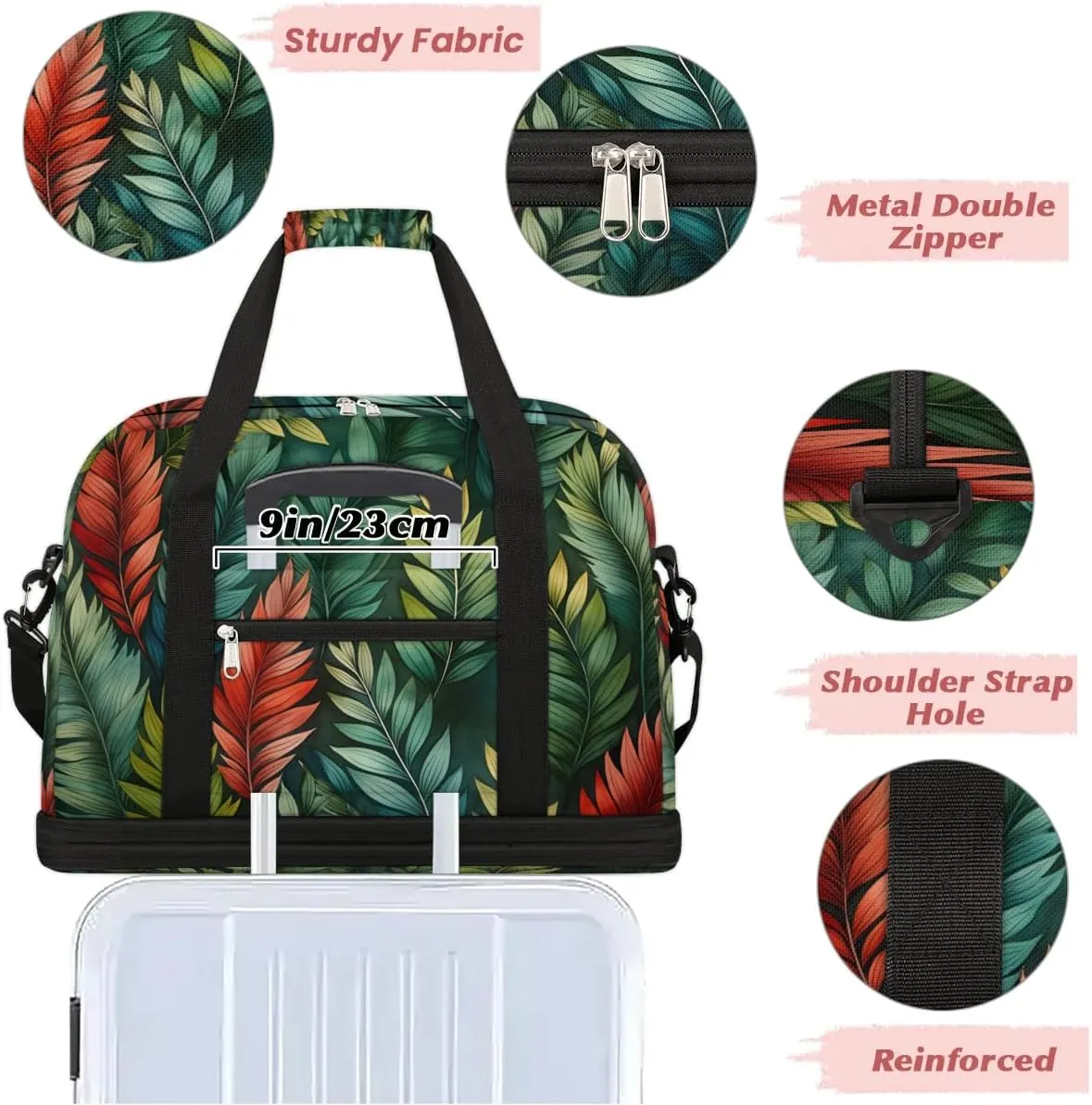 Sports Duffel Bag, Foldable Summer Green Palm Travel Duffel Bag, Gym Yoga Beach Bag Weekender Overnight Bag with Shoes Compartment for Men Women, Eucalyptus Leaves