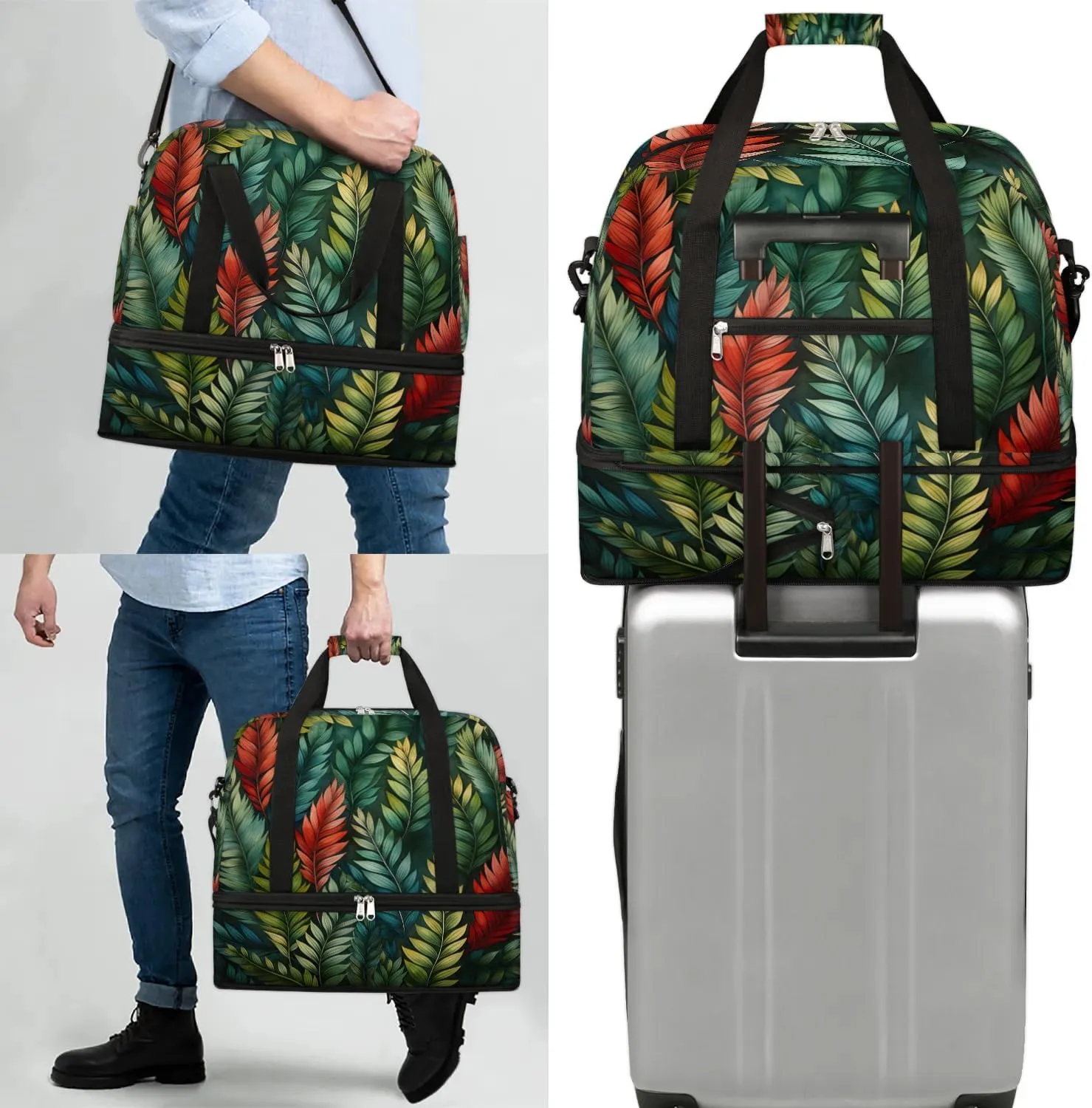 Sports Duffel Bag, Foldable Summer Green Palm Travel Duffel Bag, Gym Yoga Beach Bag Weekender Overnight Bag with Shoes Compartment for Men Women, Eucalyptus Leaves
