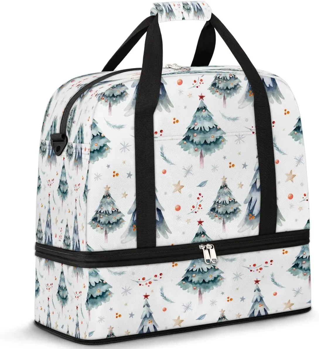 Sports Duffel Bag, Foldable Winter Pine Tree Travel Duffel Bag, Gym Yoga Beach Bag Weekender Overnight Bag with Shoes Compartment for Men Women, Christmas