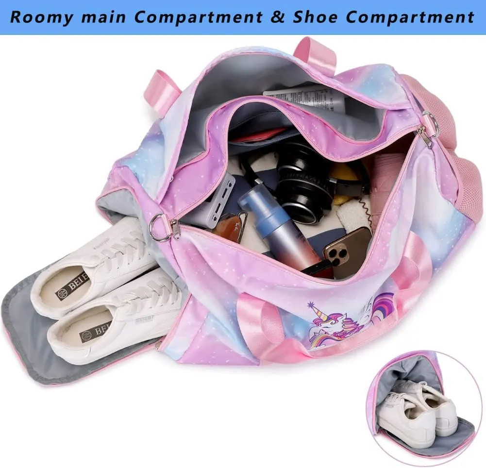 Sports Gym Bag for Girls Dance Duffle Gymnastics Overnight Weekender Bags Travel Sleepover Carry On Bag Ballet Bag with Shoe Compartments