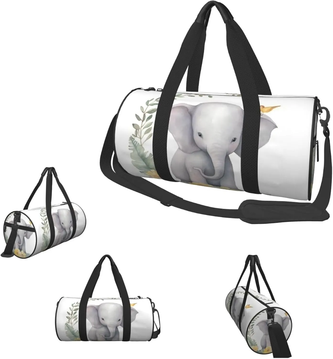 Sports Gym Bag for Women Men Travel Duffel Bag Tote Weekender Bag Carry on Overnight Bag for Travel Swimming Fitness Workout Sports Cute Elephant with Wreath and Little Duck Duffle Bag