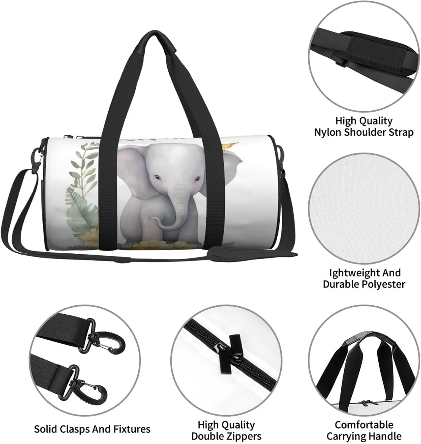 Sports Gym Bag for Women Men Travel Duffel Bag Tote Weekender Bag Carry on Overnight Bag for Travel Swimming Fitness Workout Sports Cute Elephant with Wreath and Little Duck Duffle Bag