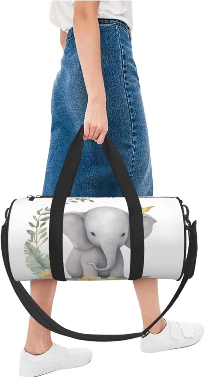 Sports Gym Bag for Women Men Travel Duffel Bag Tote Weekender Bag Carry on Overnight Bag for Travel Swimming Fitness Workout Sports Cute Elephant with Wreath and Little Duck Duffle Bag