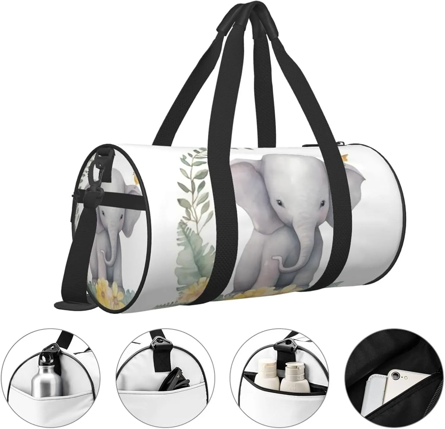 Sports Gym Bag for Women Men Travel Duffel Bag Tote Weekender Bag Carry on Overnight Bag for Travel Swimming Fitness Workout Sports Cute Elephant with Wreath and Little Duck Duffle Bag