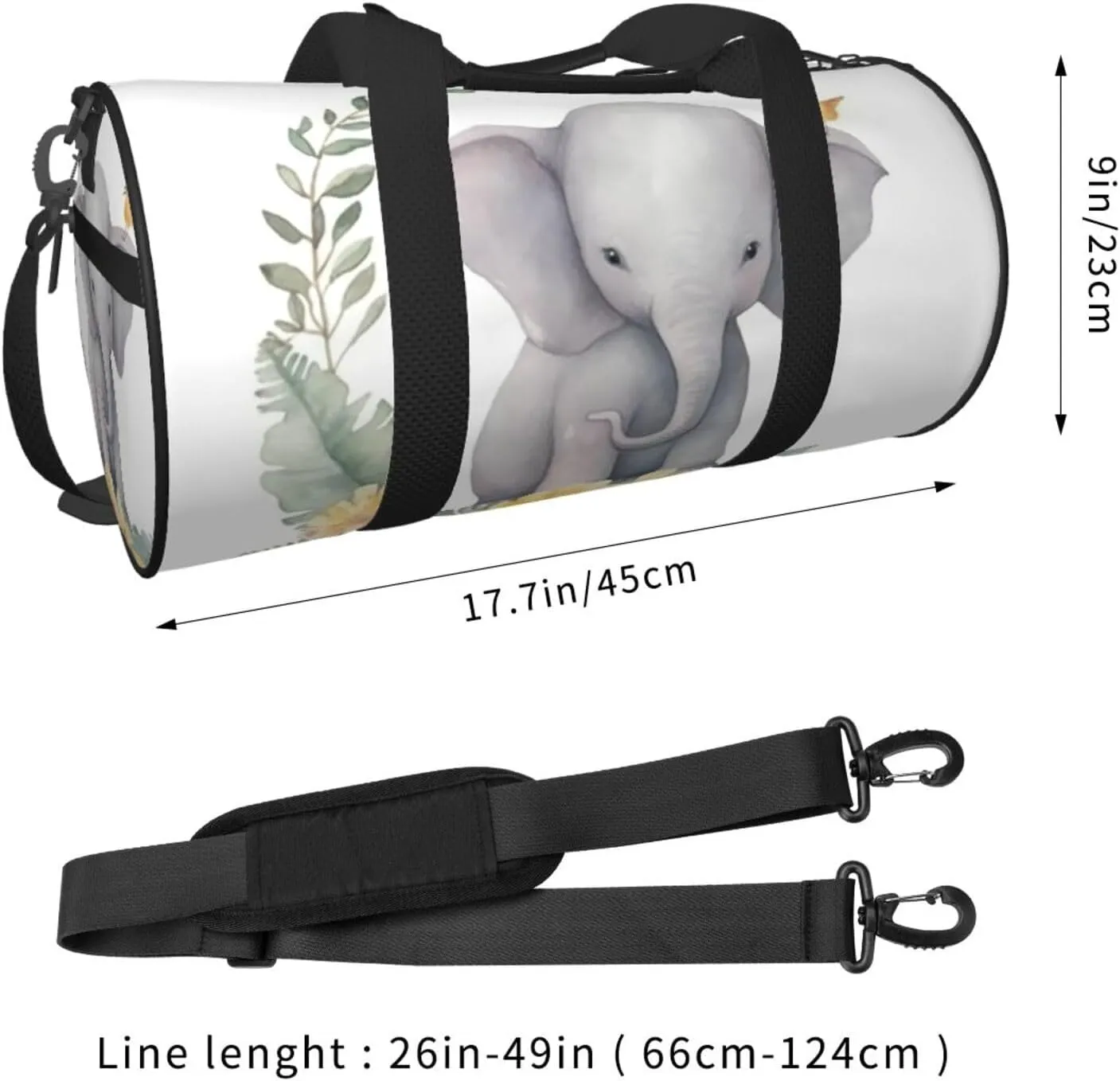 Sports Gym Bag for Women Men Travel Duffel Bag Tote Weekender Bag Carry on Overnight Bag for Travel Swimming Fitness Workout Sports Cute Elephant with Wreath and Little Duck Duffle Bag