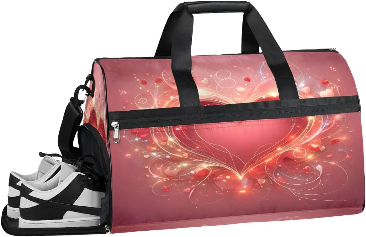 Sports Gym Bag for Women Men,Love Heart Waterproof Overnight Bag with Shoe Compartment, Travel Duffel Bag Carry On Weekender Bag for Beach Swim Pool Workout,BAG-394