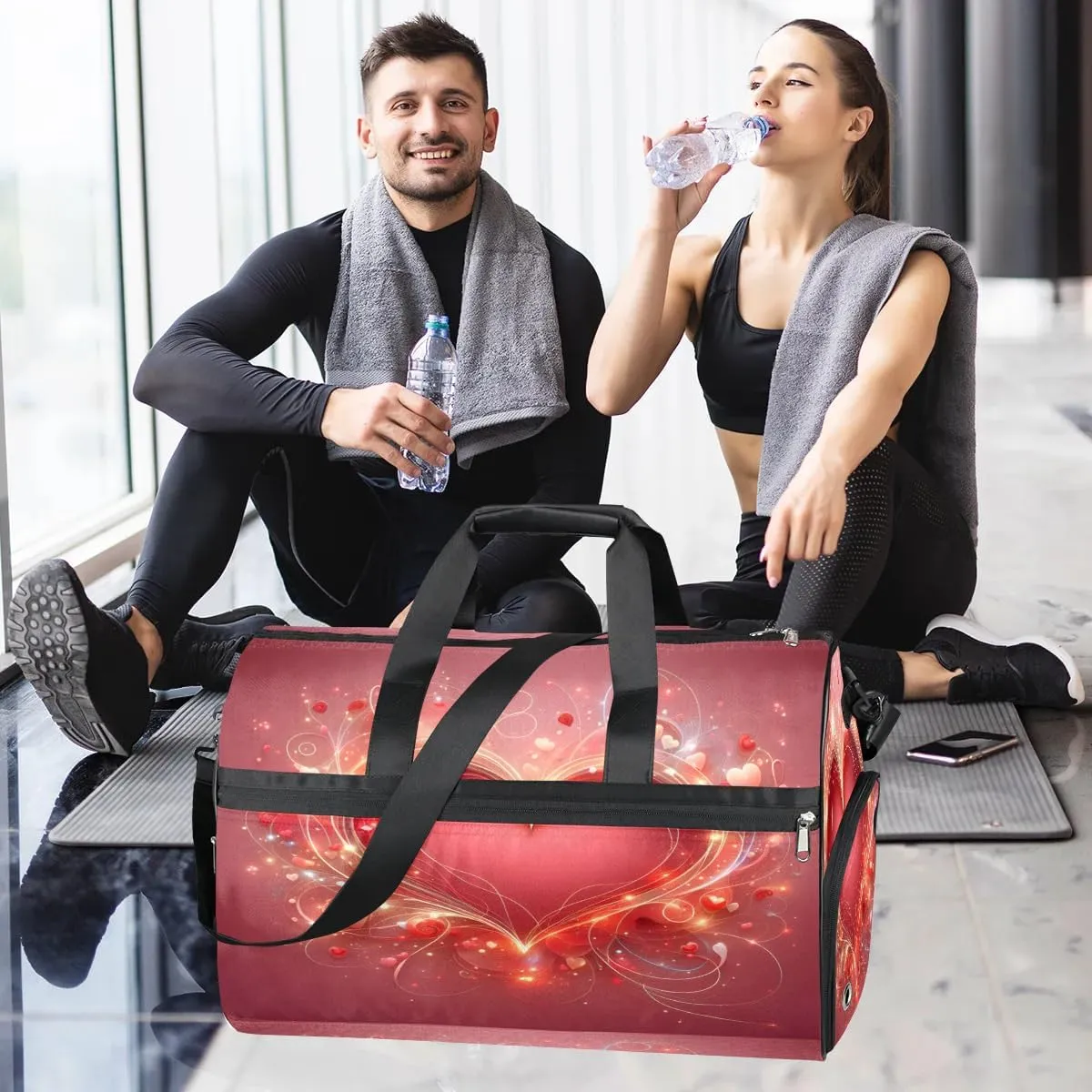 Sports Gym Bag for Women Men,Love Heart Waterproof Overnight Bag with Shoe Compartment, Travel Duffel Bag Carry On Weekender Bag for Beach Swim Pool Workout,BAG-394