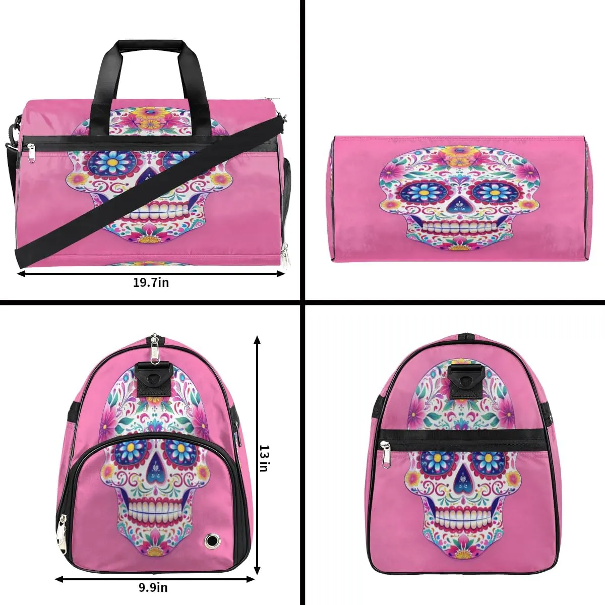 Sports Gym Bag for Women Men,Mexico Skull Flower Waterproof Overnight Bag with Shoe Compartment, Travel Duffel Bag Carry On Weekender Bag for Beach Swim Pool Workout,BAG-396