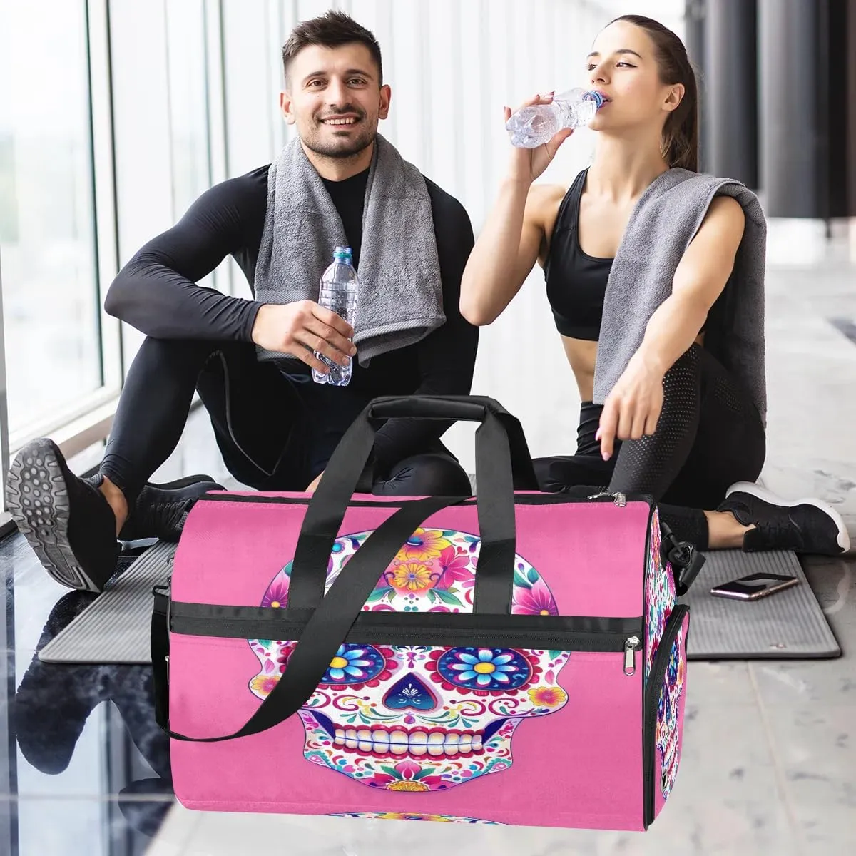 Sports Gym Bag for Women Men,Mexico Skull Flower Waterproof Overnight Bag with Shoe Compartment, Travel Duffel Bag Carry On Weekender Bag for Beach Swim Pool Workout,BAG-396
