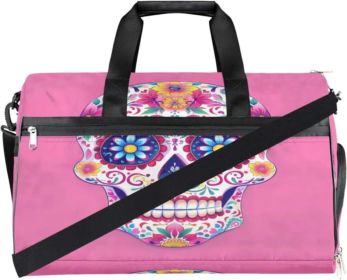 Sports Gym Bag for Women Men,Mexico Skull Flower Waterproof Overnight Bag with Shoe Compartment, Travel Duffel Bag Carry On Weekender Bag for Beach Swim Pool Workout,BAG-396