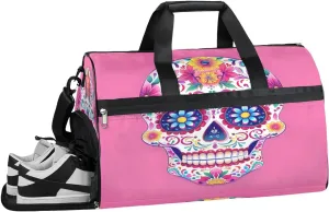 Sports Gym Bag for Women Men,Mexico Skull Flower Waterproof Overnight Bag with Shoe Compartment, Travel Duffel Bag Carry On Weekender Bag for Beach Swim Pool Workout,BAG-396