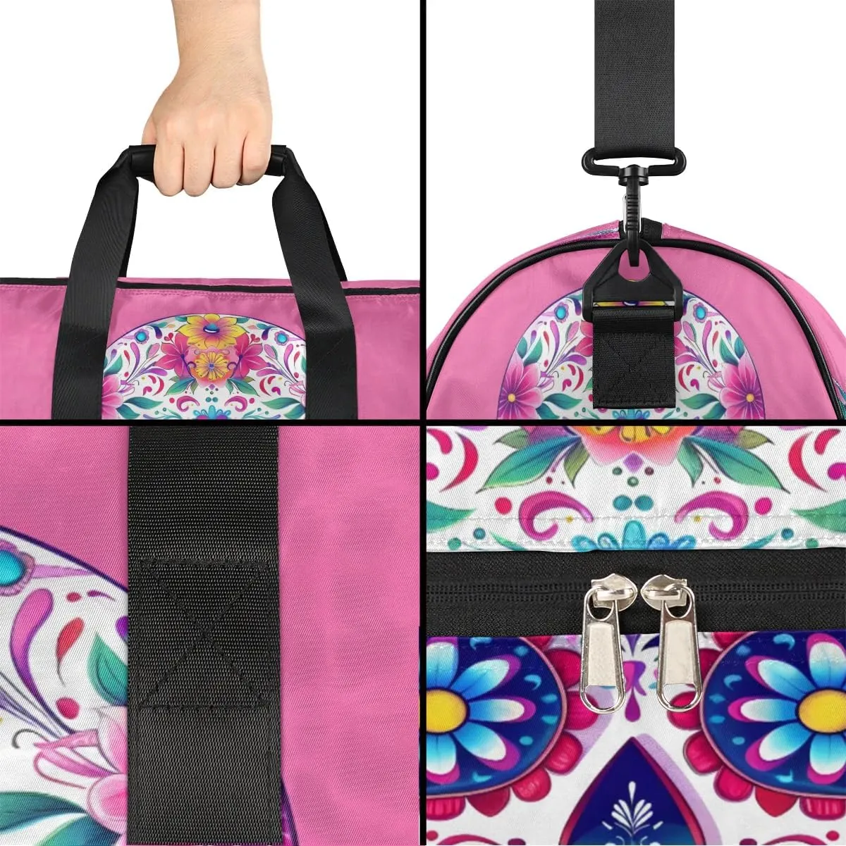 Sports Gym Bag for Women Men,Mexico Skull Flower Waterproof Overnight Bag with Shoe Compartment, Travel Duffel Bag Carry On Weekender Bag for Beach Swim Pool Workout,BAG-396