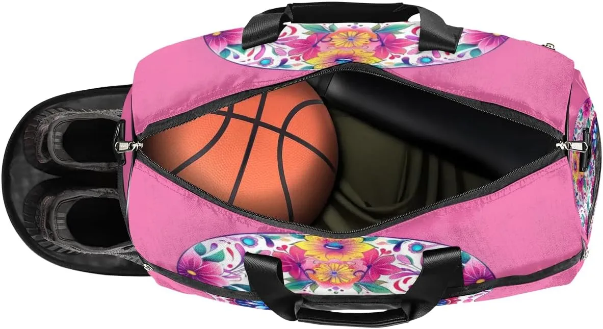 Sports Gym Bag for Women Men,Mexico Skull Flower Waterproof Overnight Bag with Shoe Compartment, Travel Duffel Bag Carry On Weekender Bag for Beach Swim Pool Workout,BAG-396