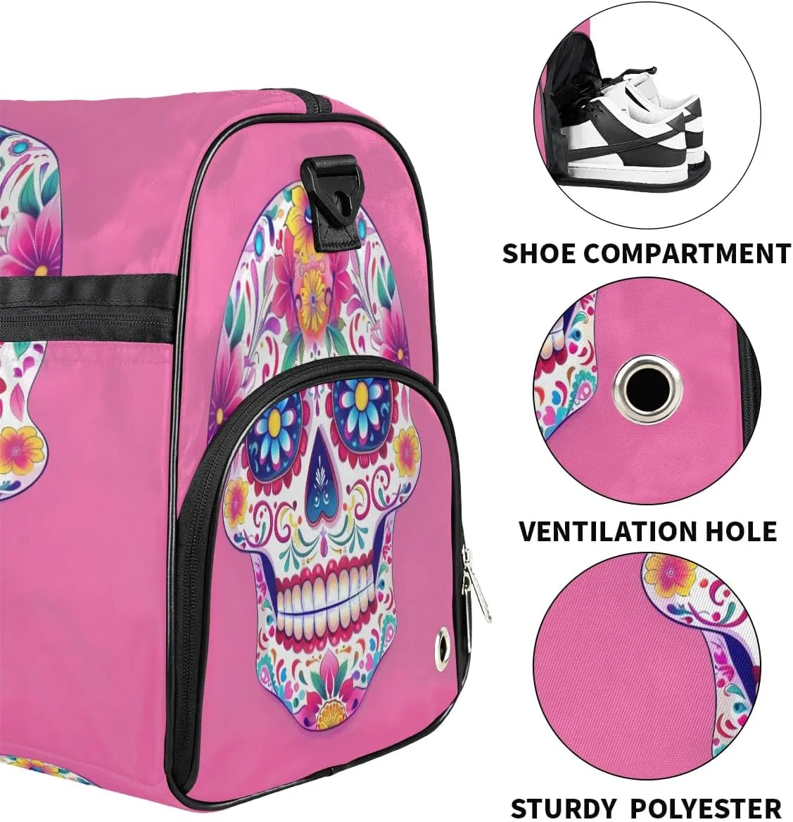 Sports Gym Bag for Women Men,Mexico Skull Flower Waterproof Overnight Bag with Shoe Compartment, Travel Duffel Bag Carry On Weekender Bag for Beach Swim Pool Workout,BAG-396