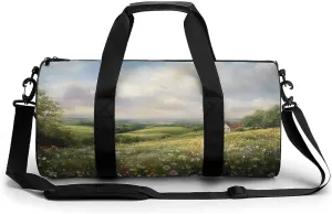 Spring Meadow Wildflowers Hills Vintage Cottage Travel Gym Bag for Women Men Cylindrical Duffle Bag Sport Workout Bag with Shoulder Strap
