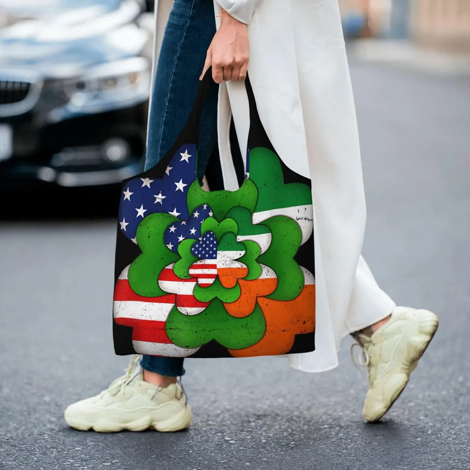 St Patricks Day American Flag Canvas Tote Bags Reusable Shopping Bag Handbag for Shopper Beach Gifts