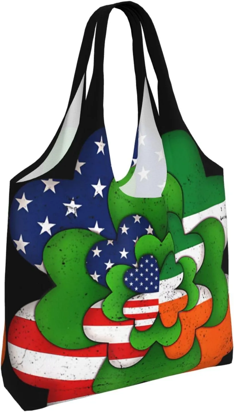 St Patricks Day American Flag Canvas Tote Bags Reusable Shopping Bag Handbag for Shopper Beach Gifts