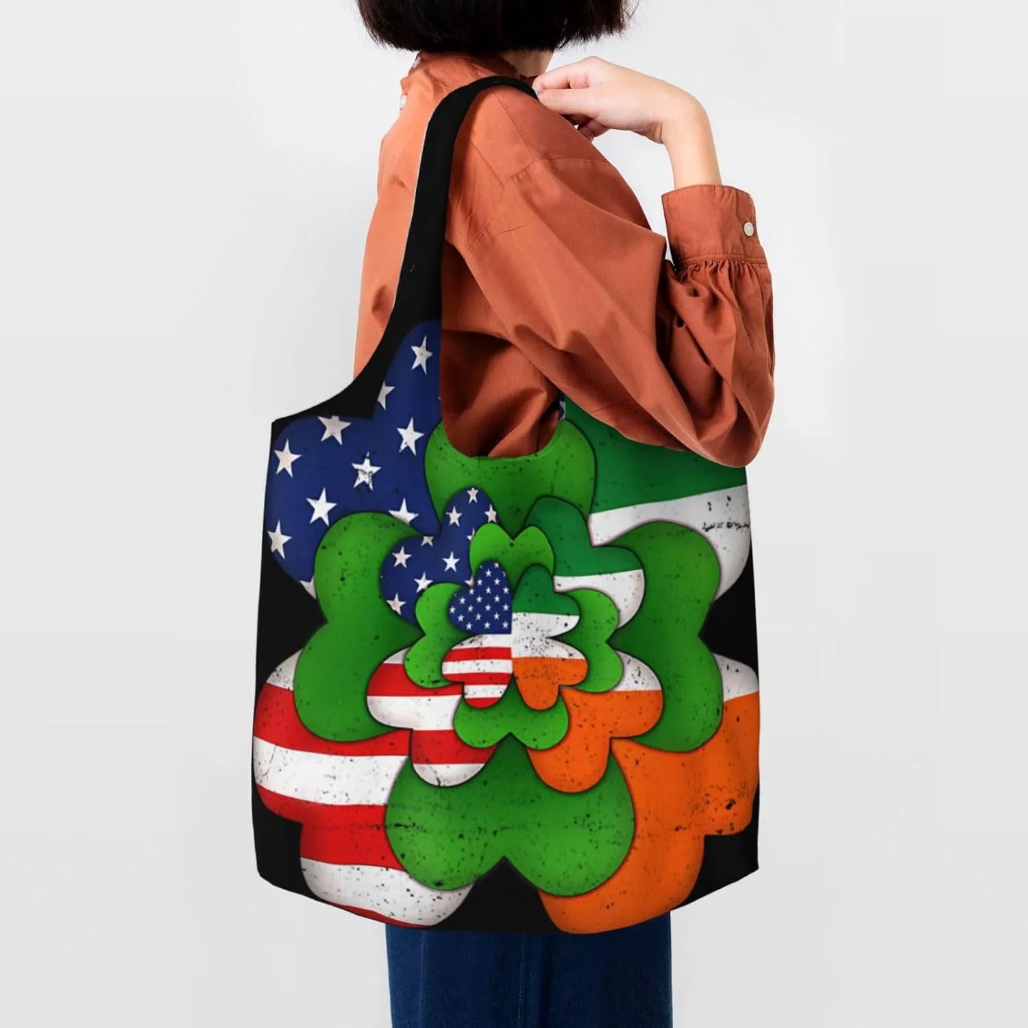St Patricks Day American Flag Canvas Tote Bags Reusable Shopping Bag Handbag for Shopper Beach Gifts