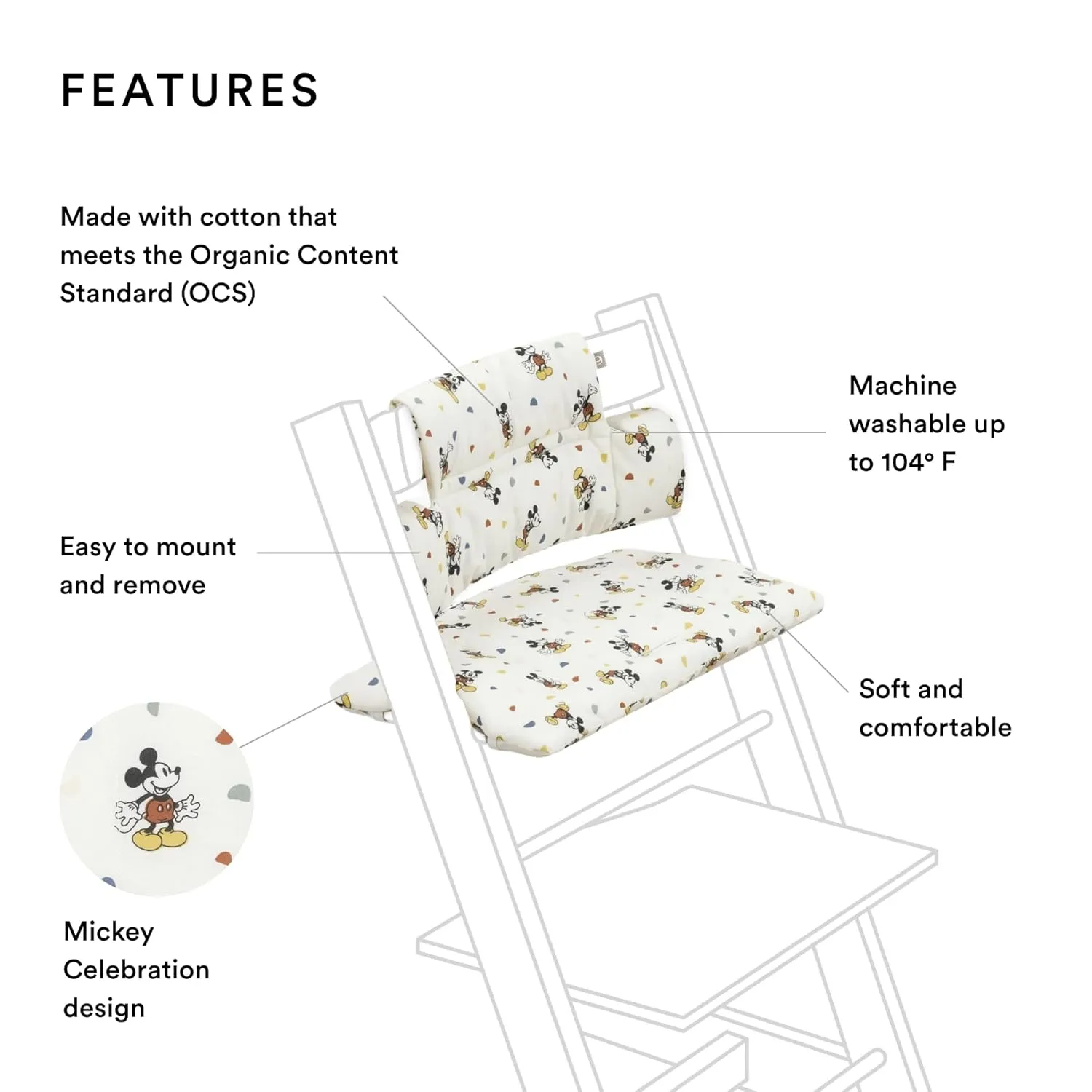 Stokke Tripp Trapp Classic Cushion, Mickey Celebration - Pair with Tripp Trapp Chair & High Chair for Support and Comfort - Machine Washable