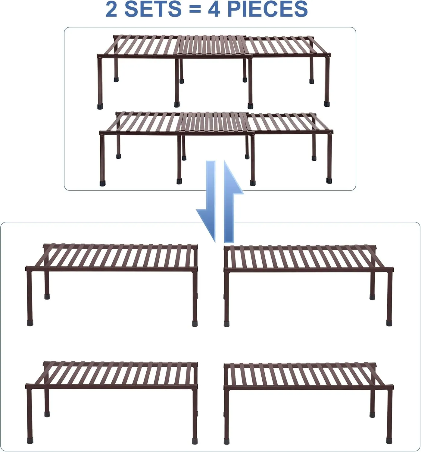 STORAGE MANIAC Set of 4 Expandable Kitchen Rack Wire Shelf Organizer Adjustable Metal Pantry Storage for Plate Dish Cabinets Counter, Brown